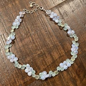 SILVER GREEN/BLUE  CRYSTALS KNOTTED WITH BEADS.